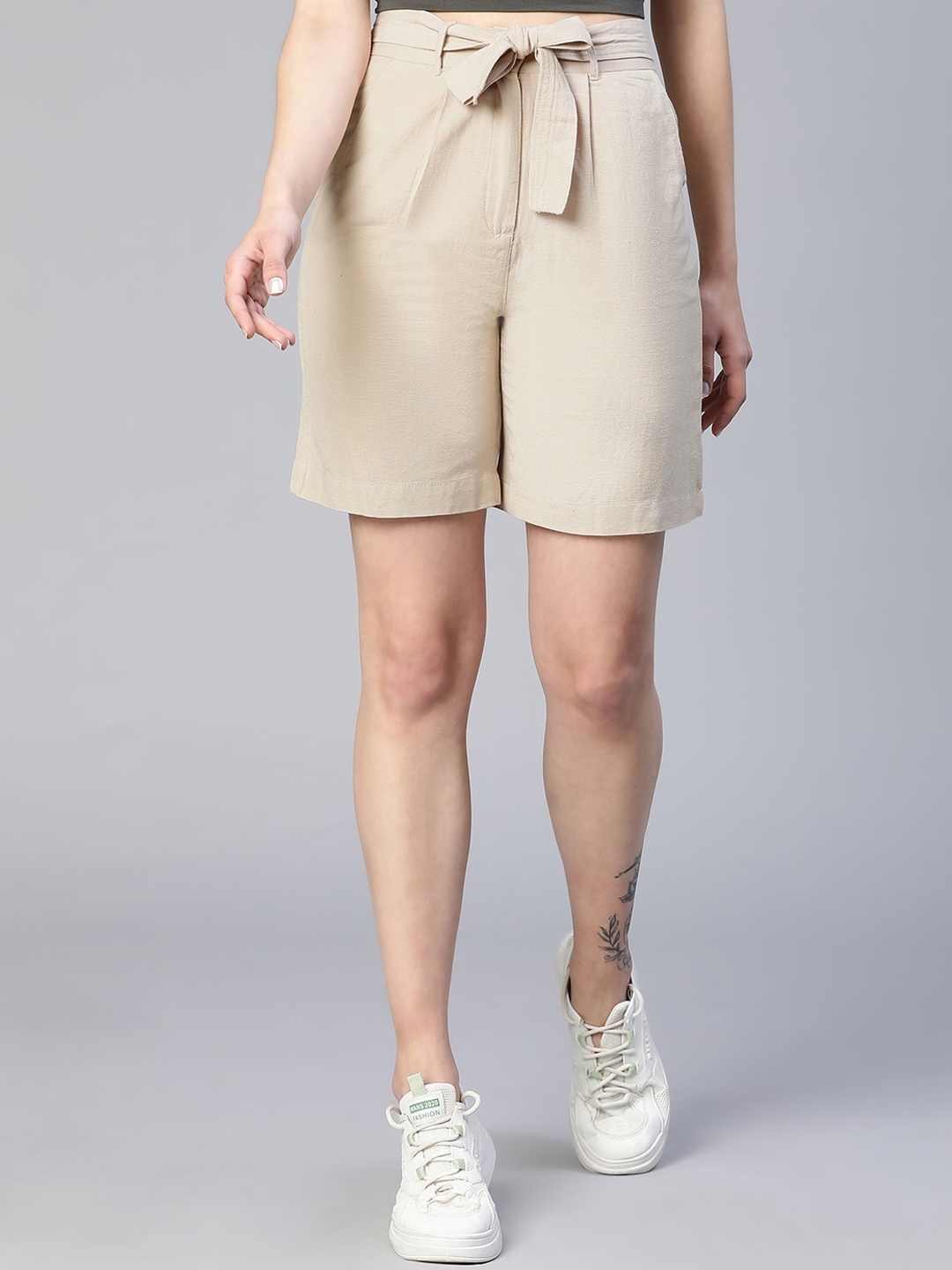 

Oxolloxo Women Mid Rise Elasticated & Tie-Knotted Linen Shorts, Beige