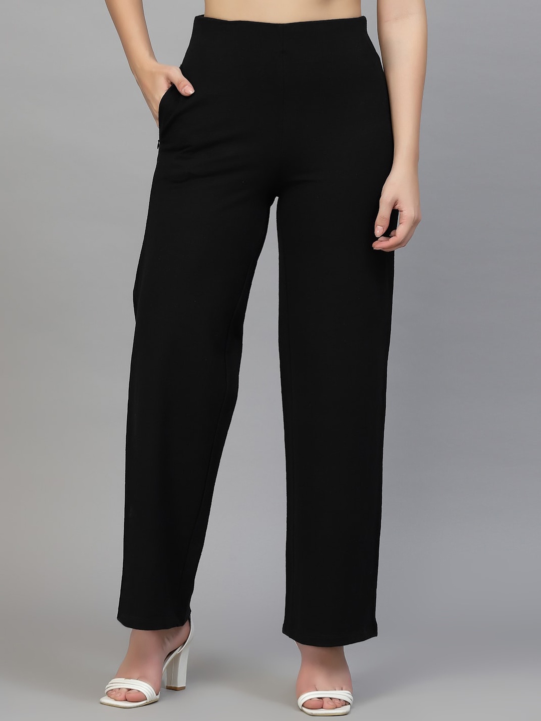

Style Quotient Women Black Smart Flared High-Rise Cotton Formal Trousers
