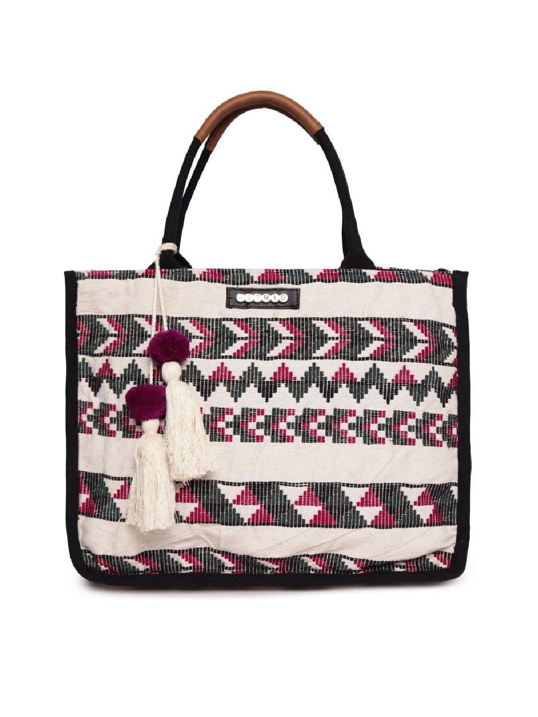 

ASTRID Geometric Printed Structured Tote Bag With Tasselled, White