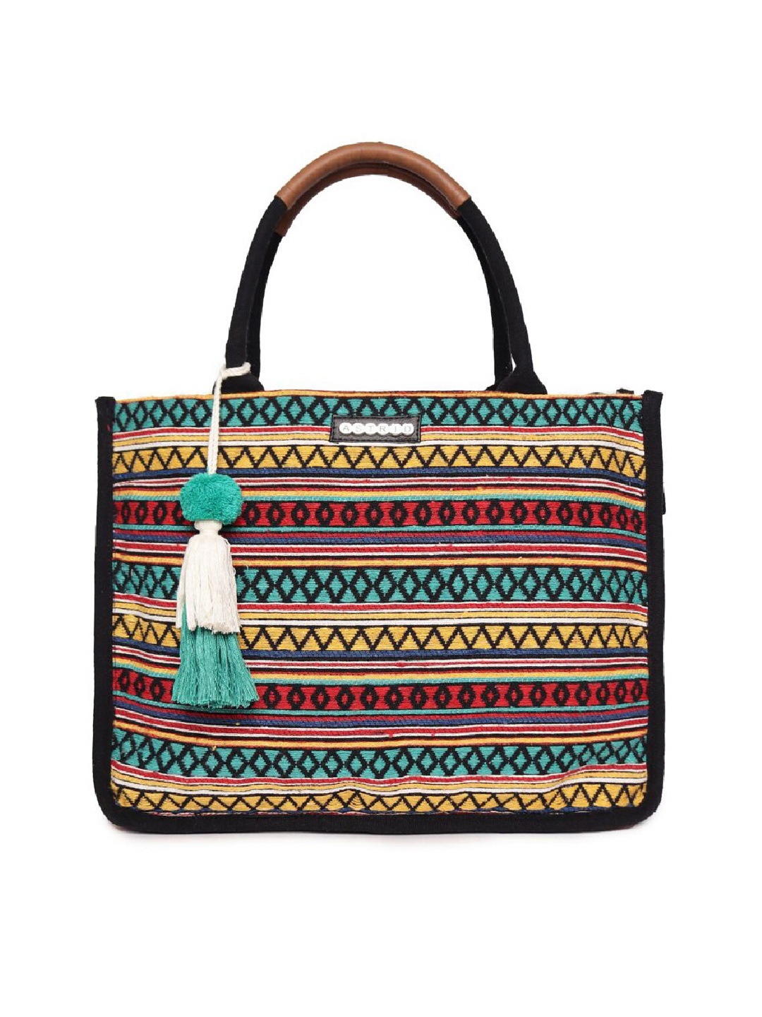 ASTRID Geometric Printed Structured Tote Bag With Tasselled, Yellow