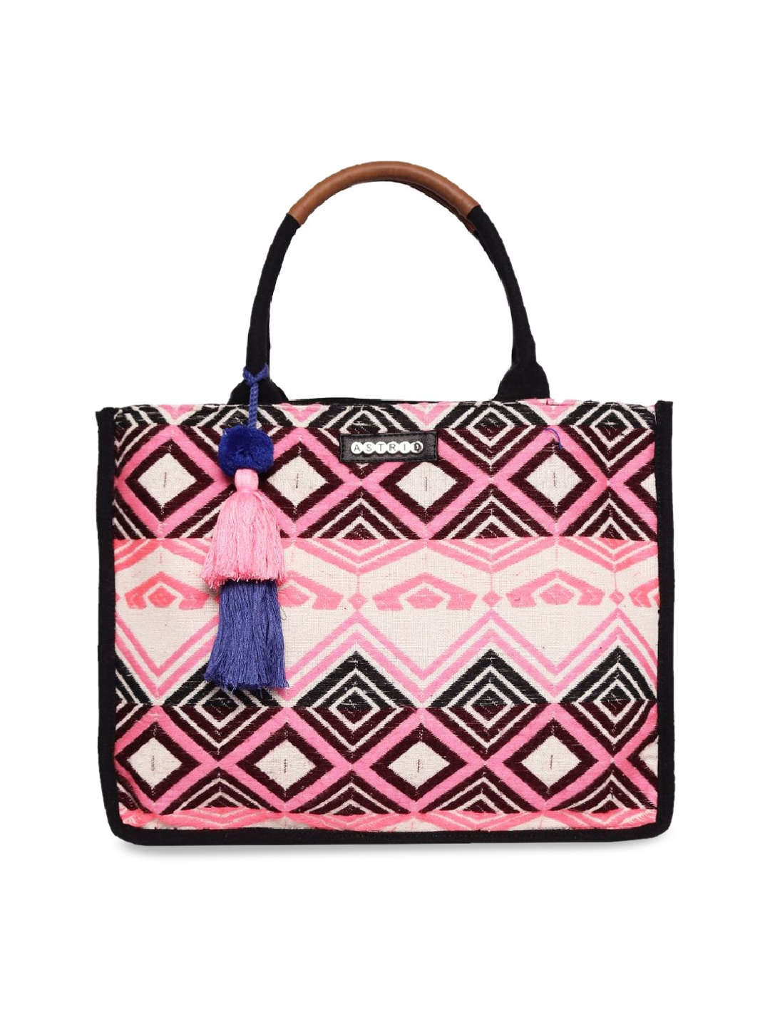 

ASTRID Geometric Printed Structured Tote Bag With Tasselled, Pink