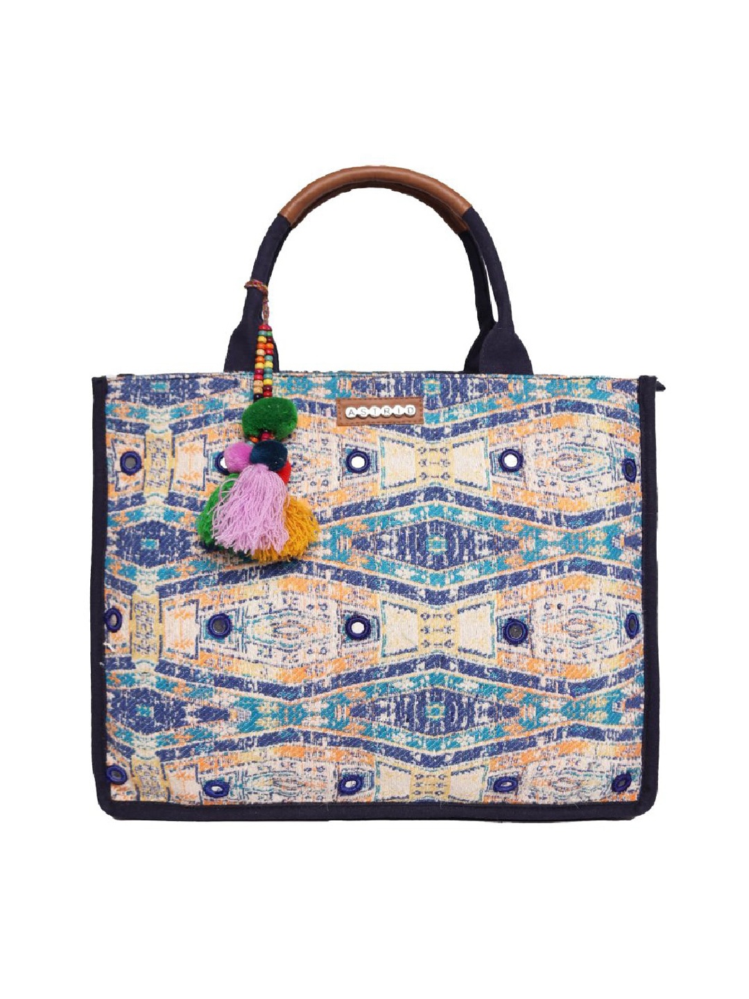 ASTRID Geometric Printed Structured Tote Bag With Tasselled, Orange
