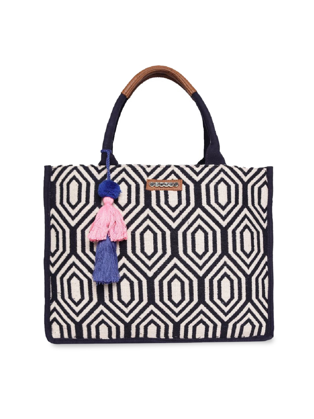 

ASTRID Geometric Printed Structured Tote Bag With Tasselled, Navy blue