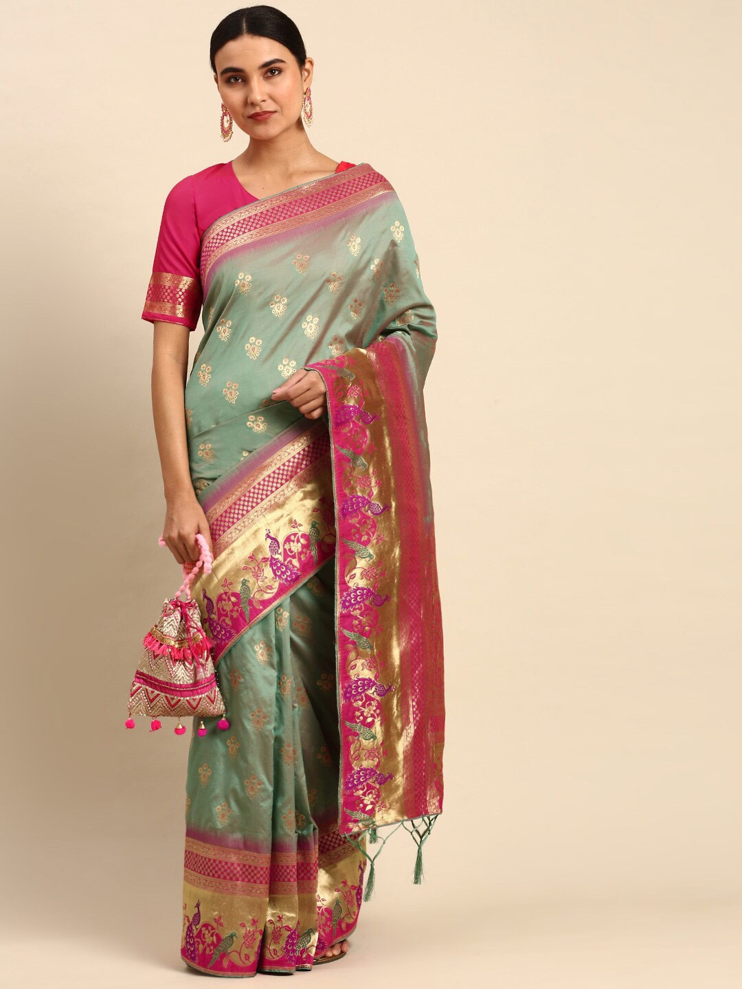 

elora Floral Woven Design Zari Banarasi Saree, Green