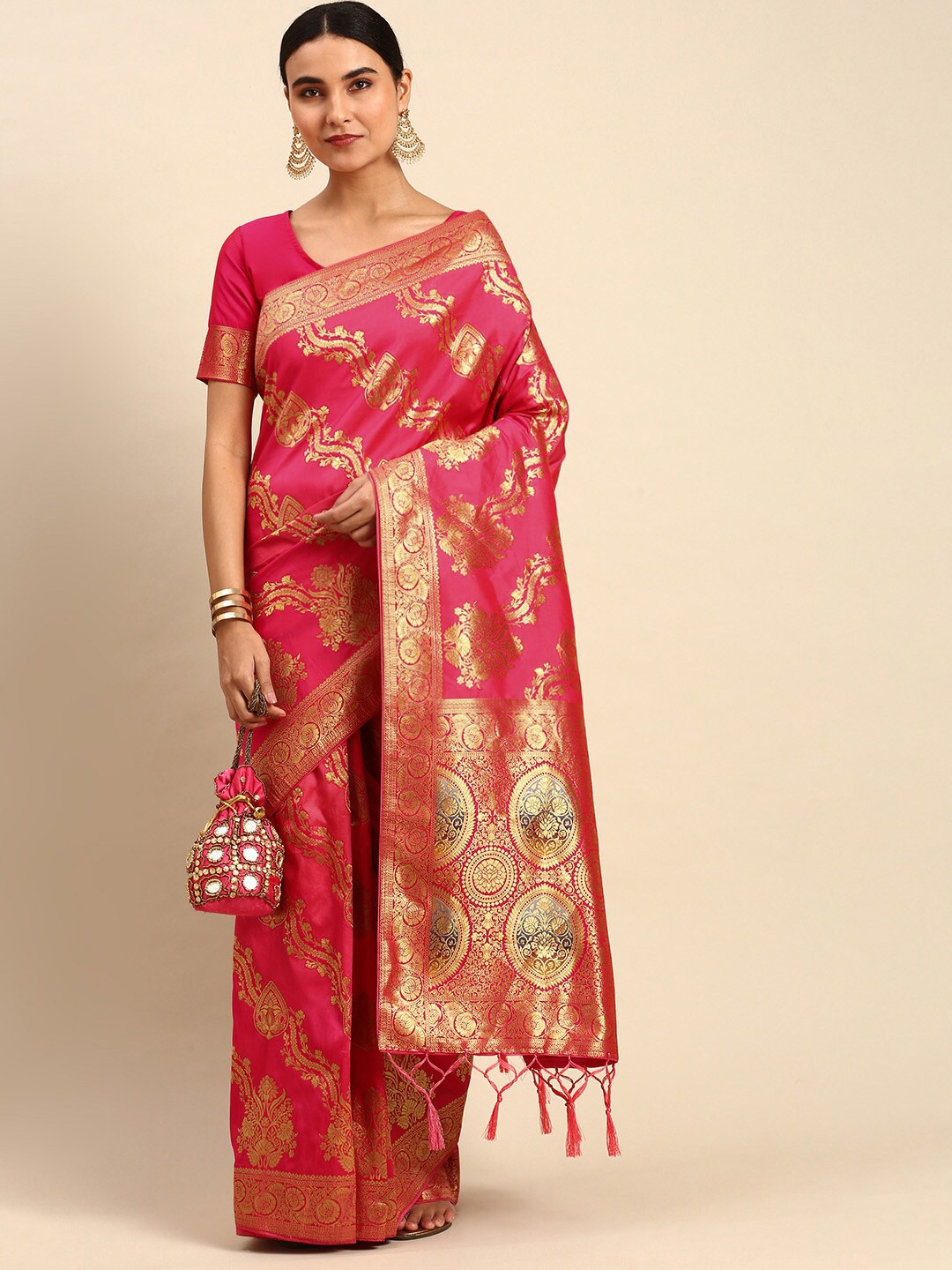 

elora Floral Woven Design Zari Banarasi Saree, Pink