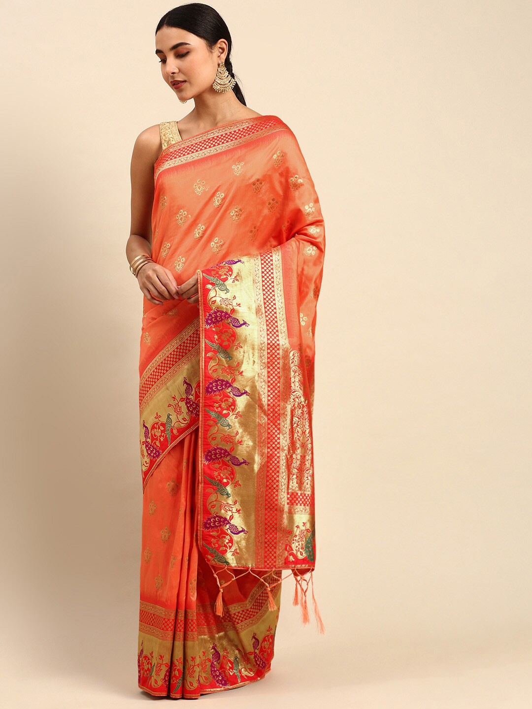 

elora Ethnic Motif Art Silk Banarasi Zari Saree With Blouse Piece, Orange