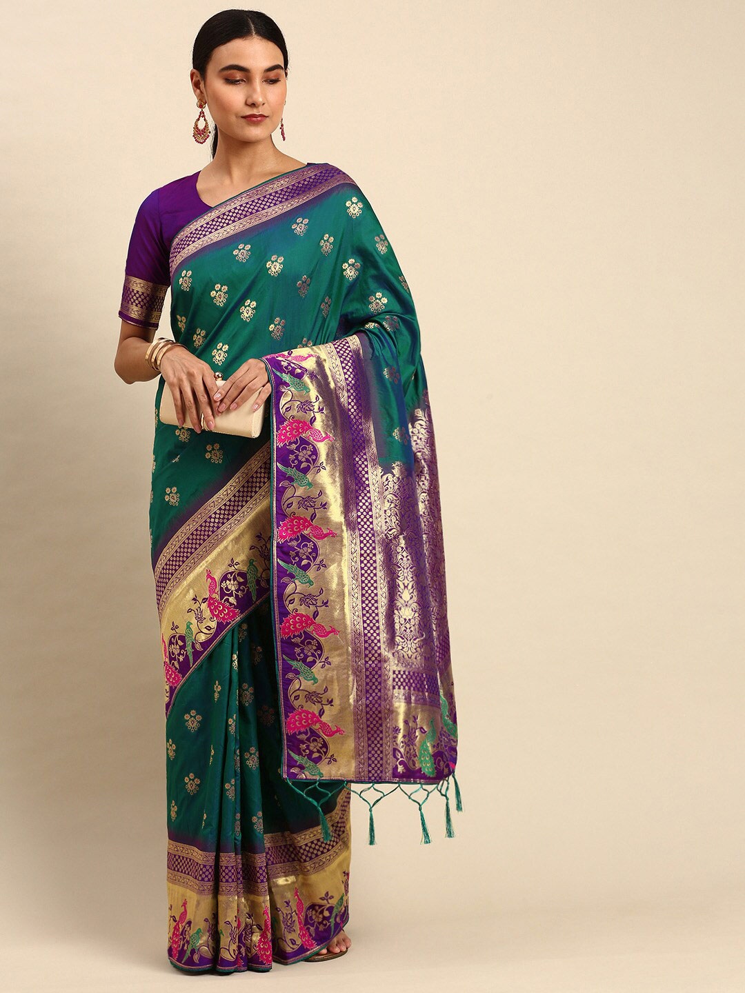 

elora Ethnic Motif Art Silk Banarasi Zari Saree With Blouse Piece, Green
