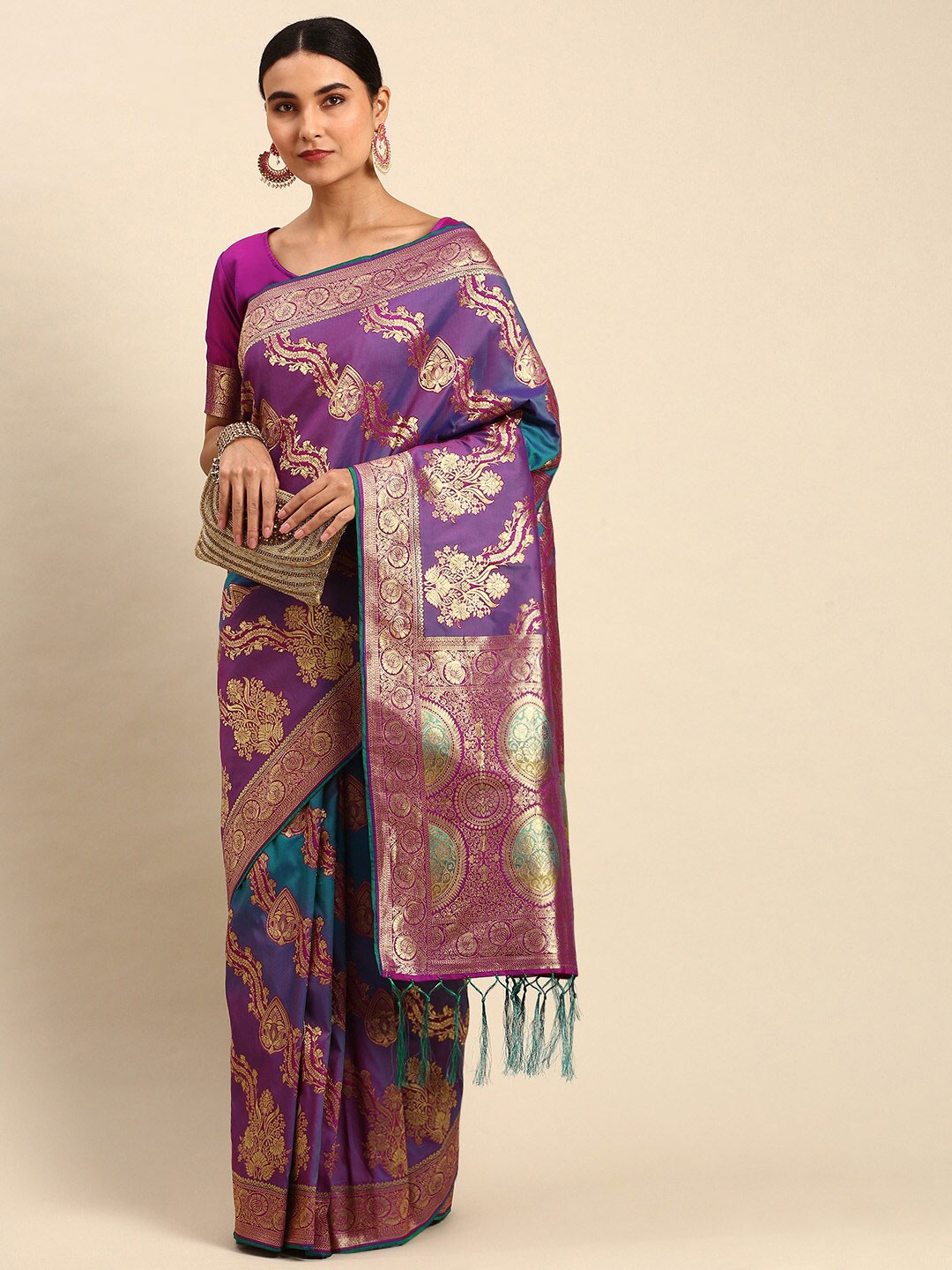 

elora Ethnic Motif Art Silk Banarasi Zari Saree With Blouse Piece, Purple
