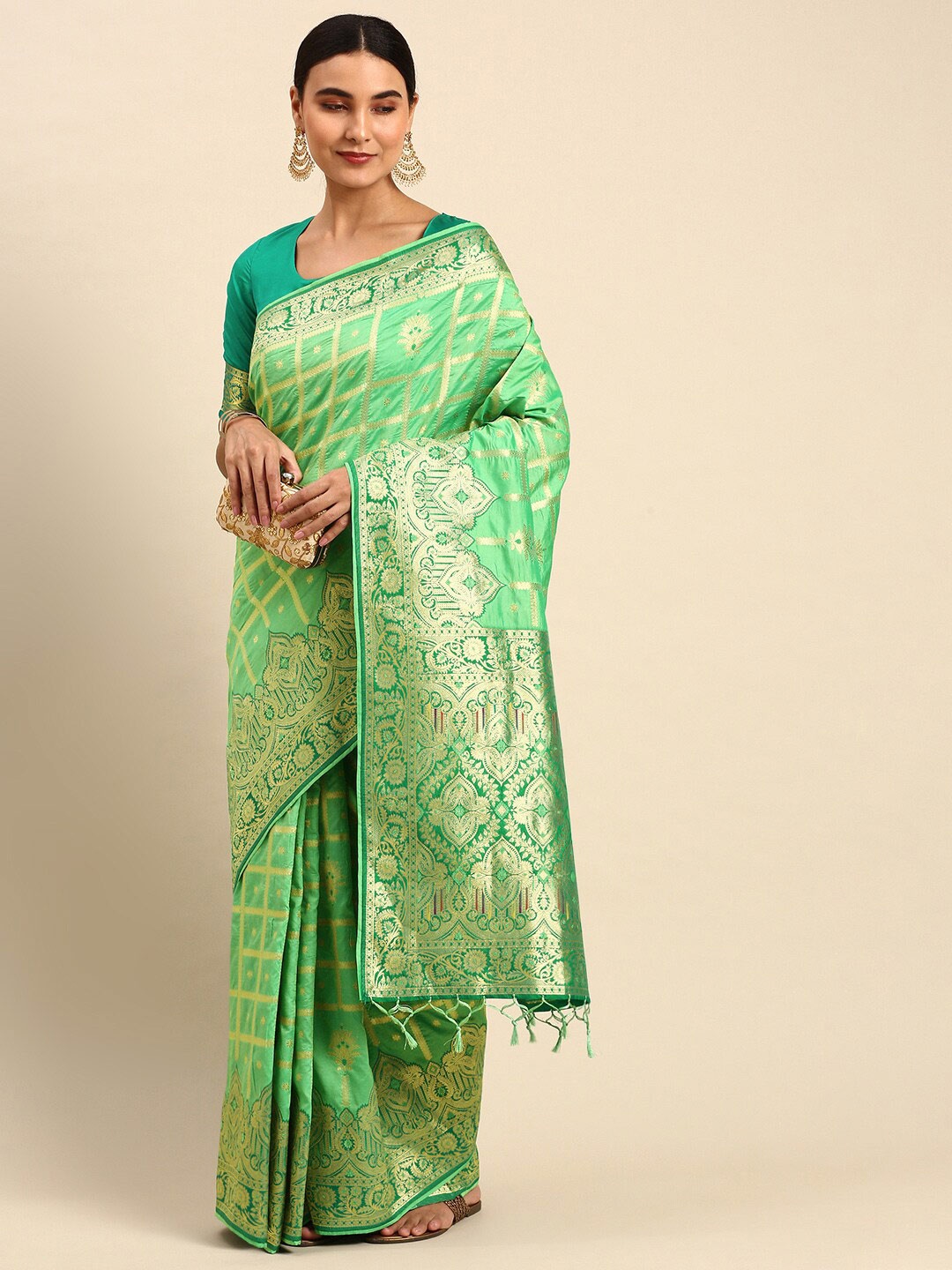 

elora Ethnic Motif Art Silk Banarasi Zari Saree With Blouse Piece, Green