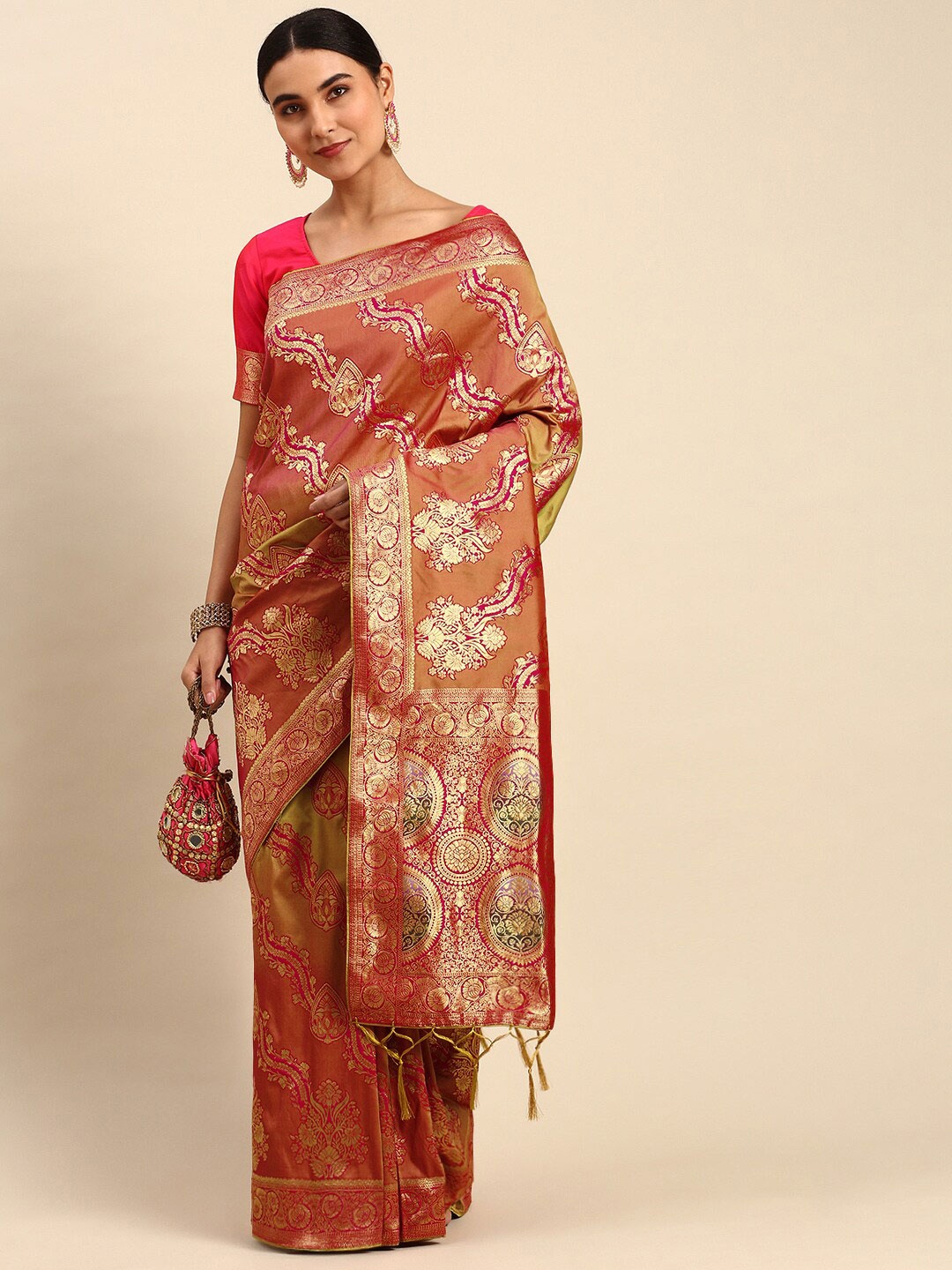 

elora Ethnic Motif Art Silk Banarasi Zari Saree With Blouse Piece, Beige