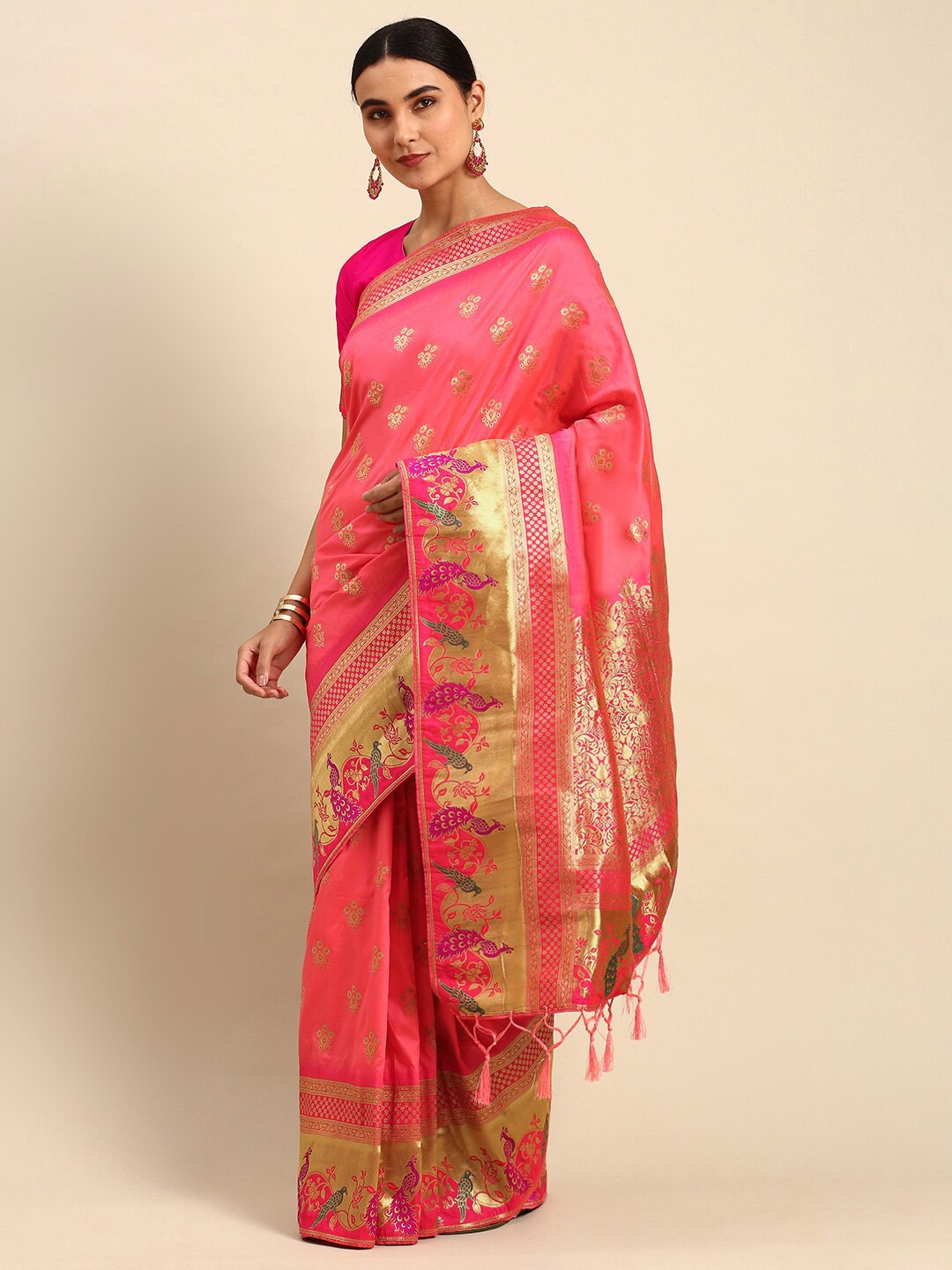 

elora Ethnic Motif Art Silk Banarasi Zari Saree With Blouse Piece, Pink