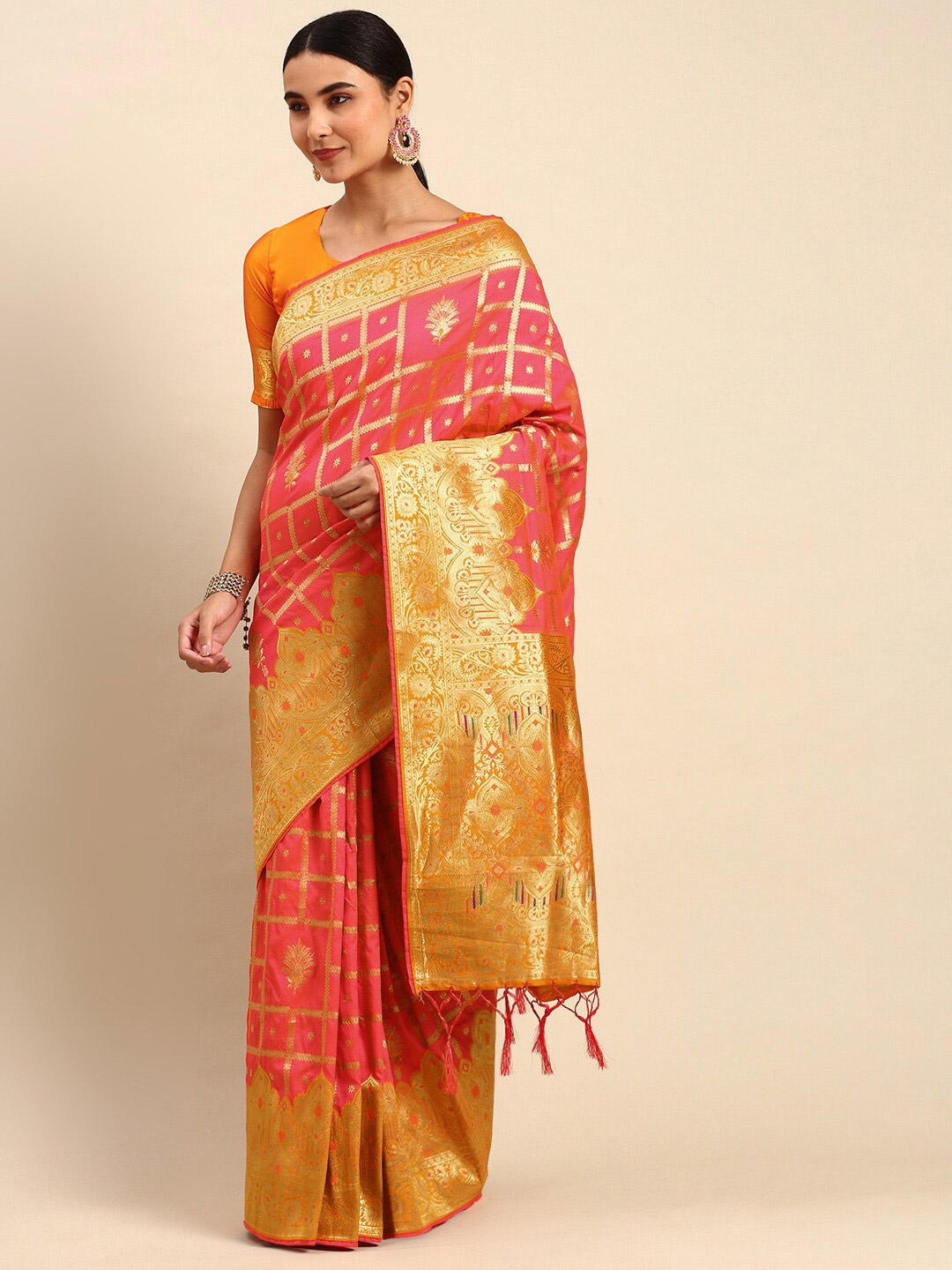

elora Ethnic Motif Art Silk Banarasi Zari Saree With Blouse Piece, Pink