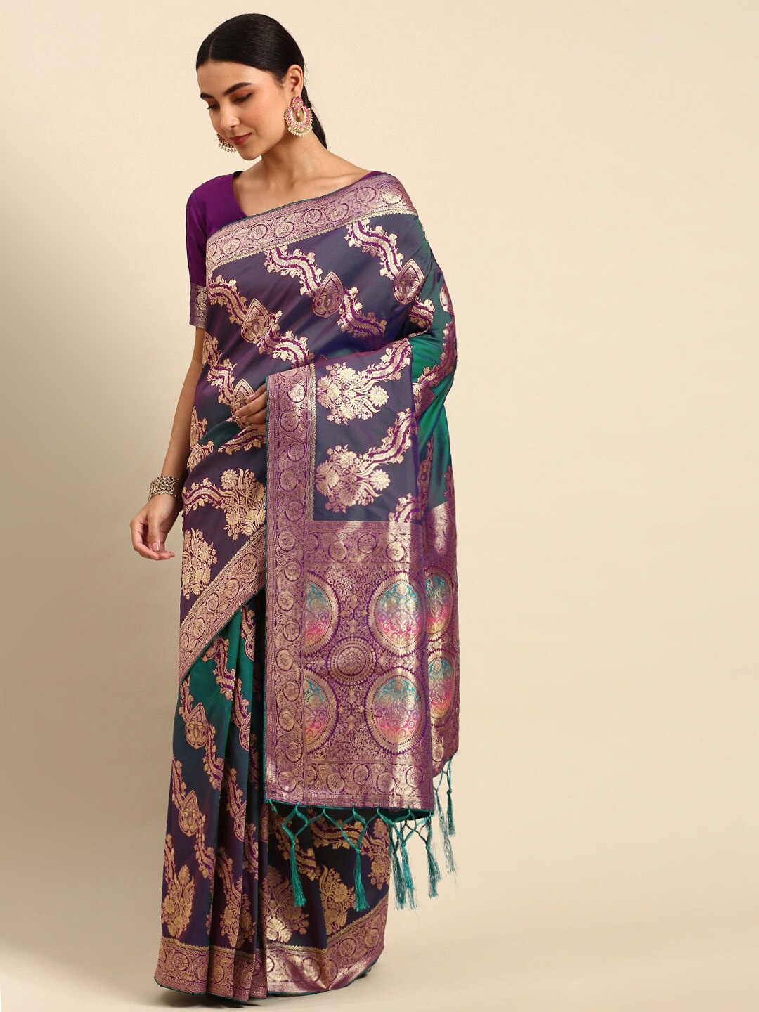 

elora Ethnic Motif Art Silk Banarasi Zari Saree With Blouse Piece, Purple