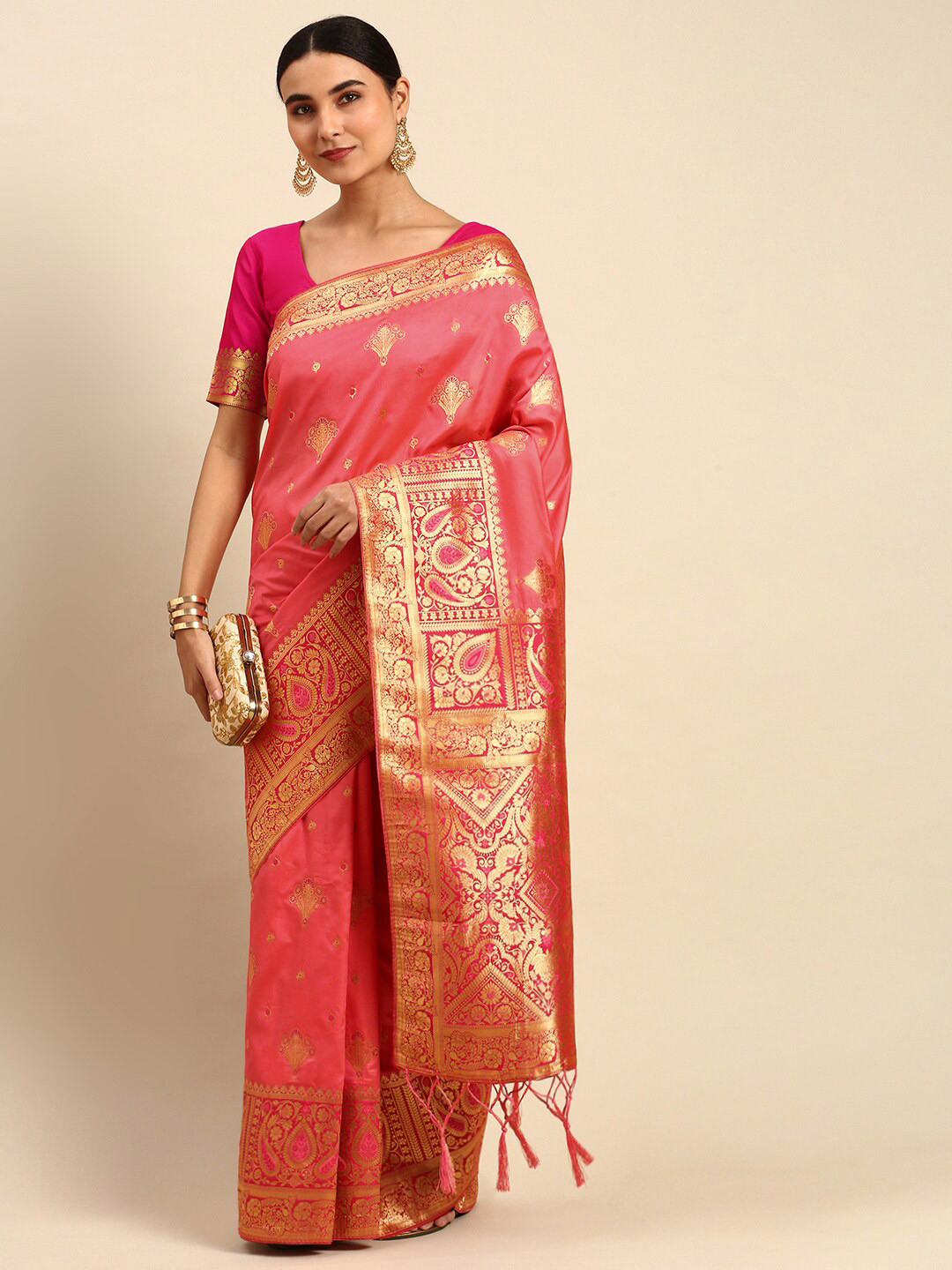 

elora Ethnic Motif Art Silk Banarasi Zari Saree With Blouse Piece, Pink