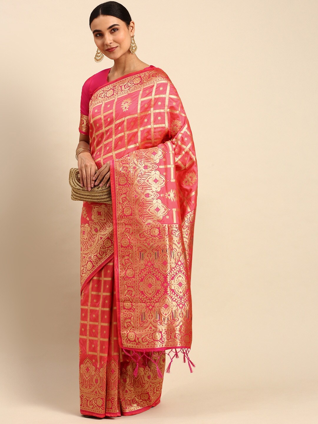 

elora Ethnic Motif Art Silk Banarasi Zari Saree With Blouse Piece, Pink