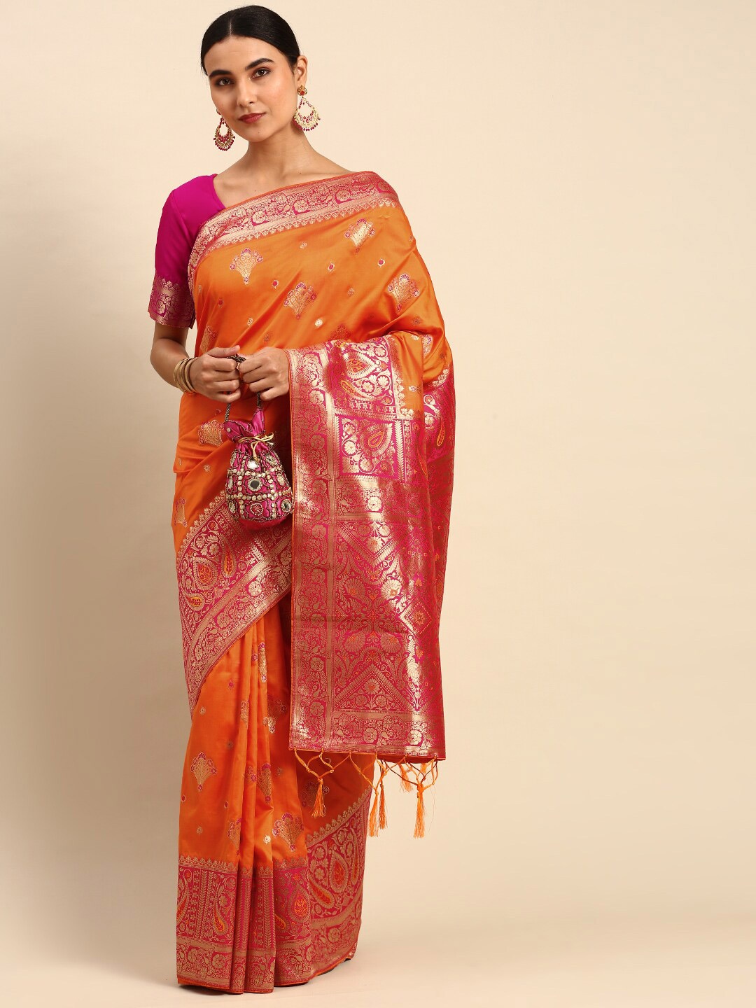 

elora Ethnic Motif Art Silk Banarasi Zari Saree With Blouse Piece, Orange
