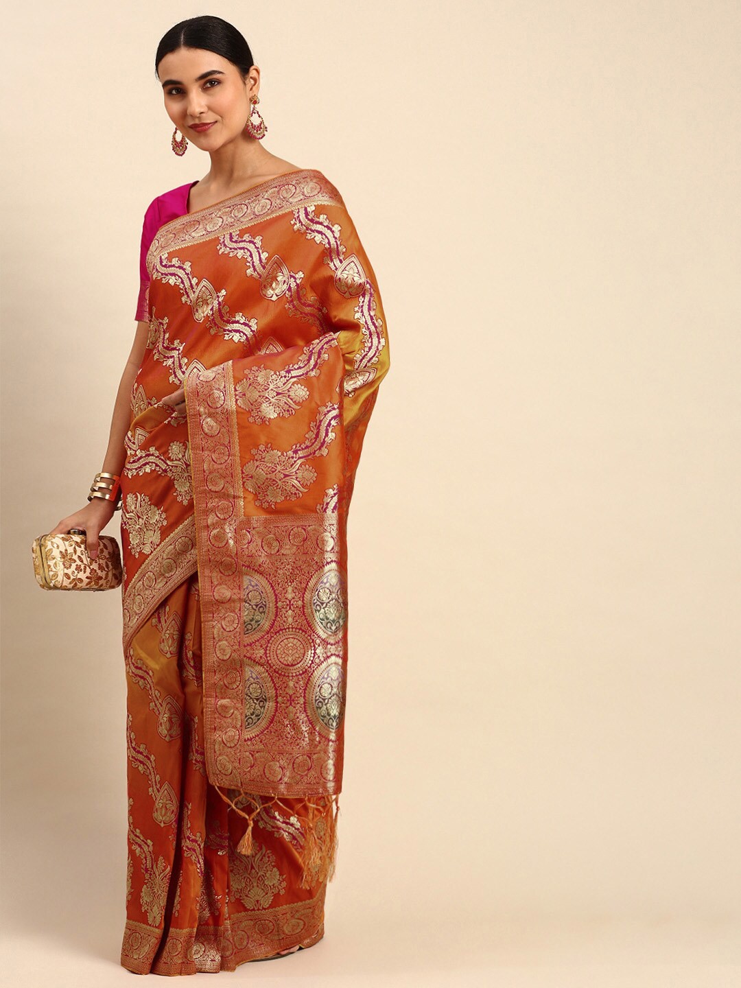 

elora Ethnic Motif Art Silk Banarasi Zari Saree With Blouse Piece, Orange