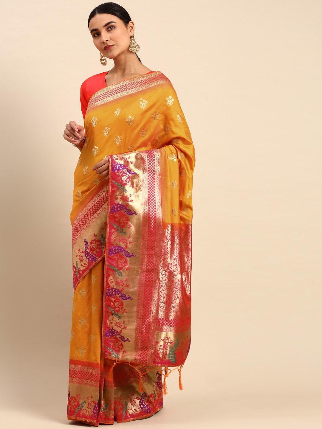 

elora Ethnic Motif Art Silk Paithani Zari Saree With Blouse Piece, Mustard