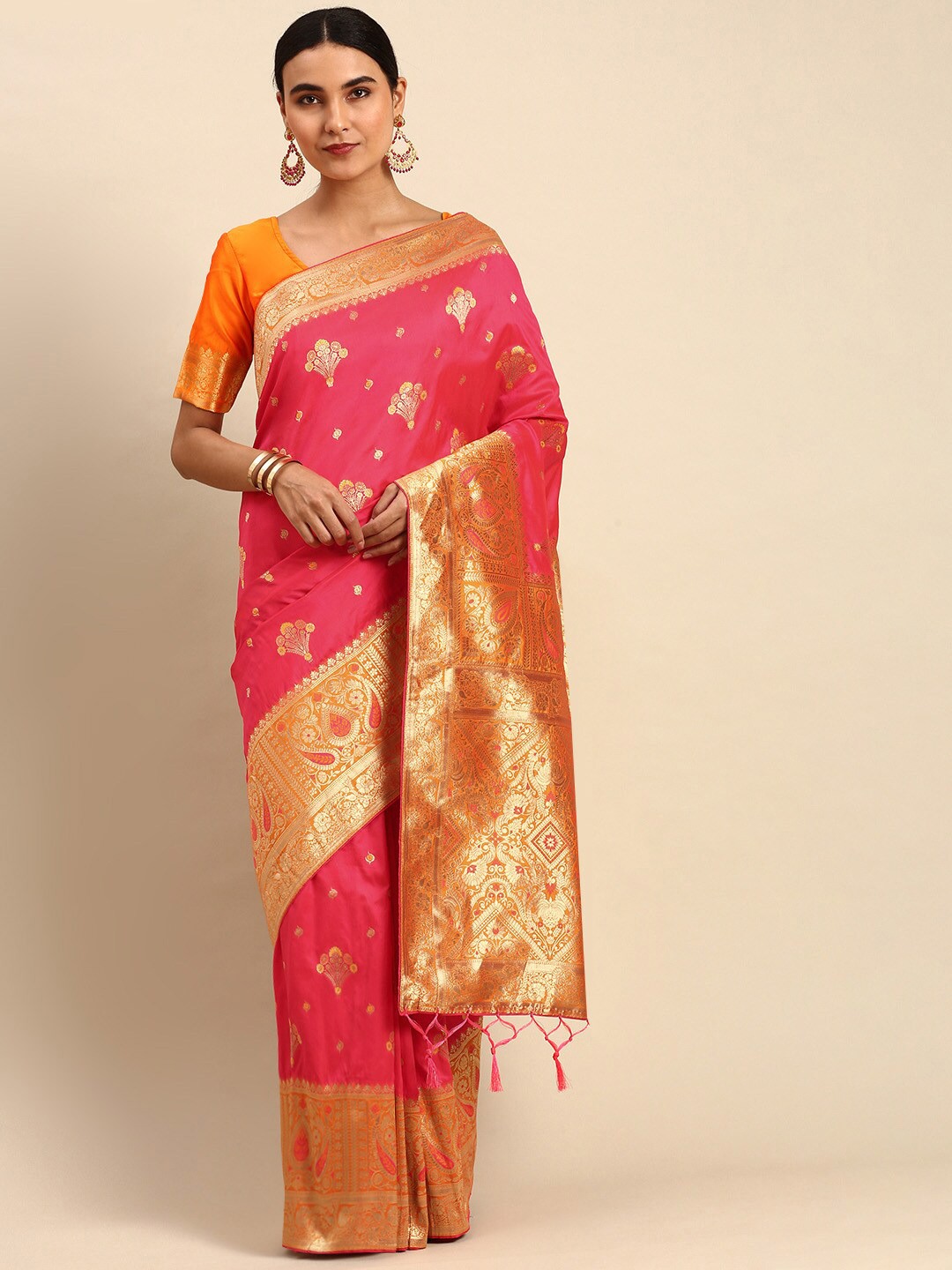 

elora Ethnic Motif Art Silk Banarasi Zari Saree With Blouse Piece, Pink