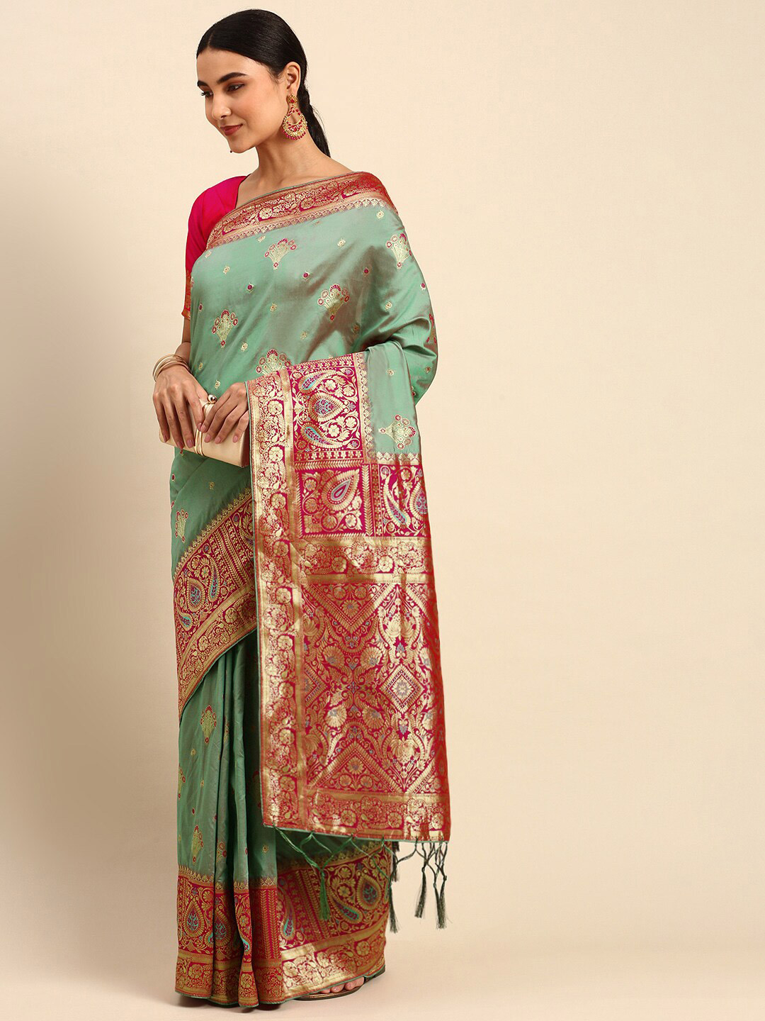 

elora Ethnic Motif Art Silk Banarasi Zari Saree With Blouse Piece, Green