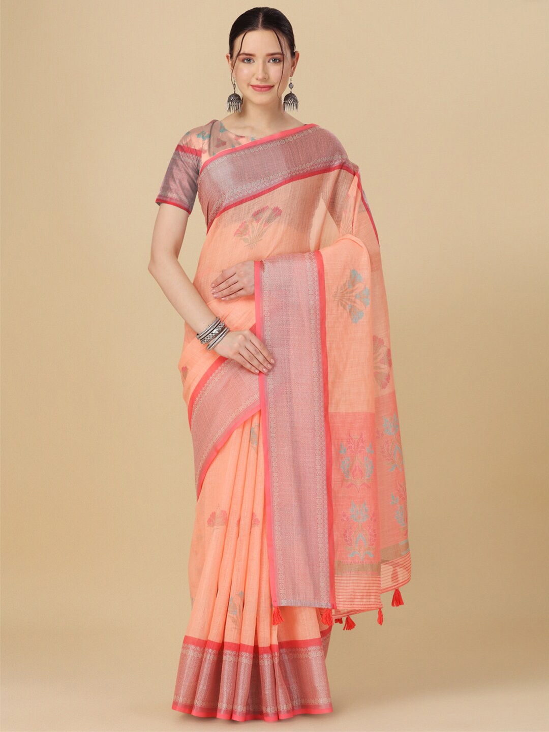 

elora Floral Printed Zari Pure Linen Saree, Peach