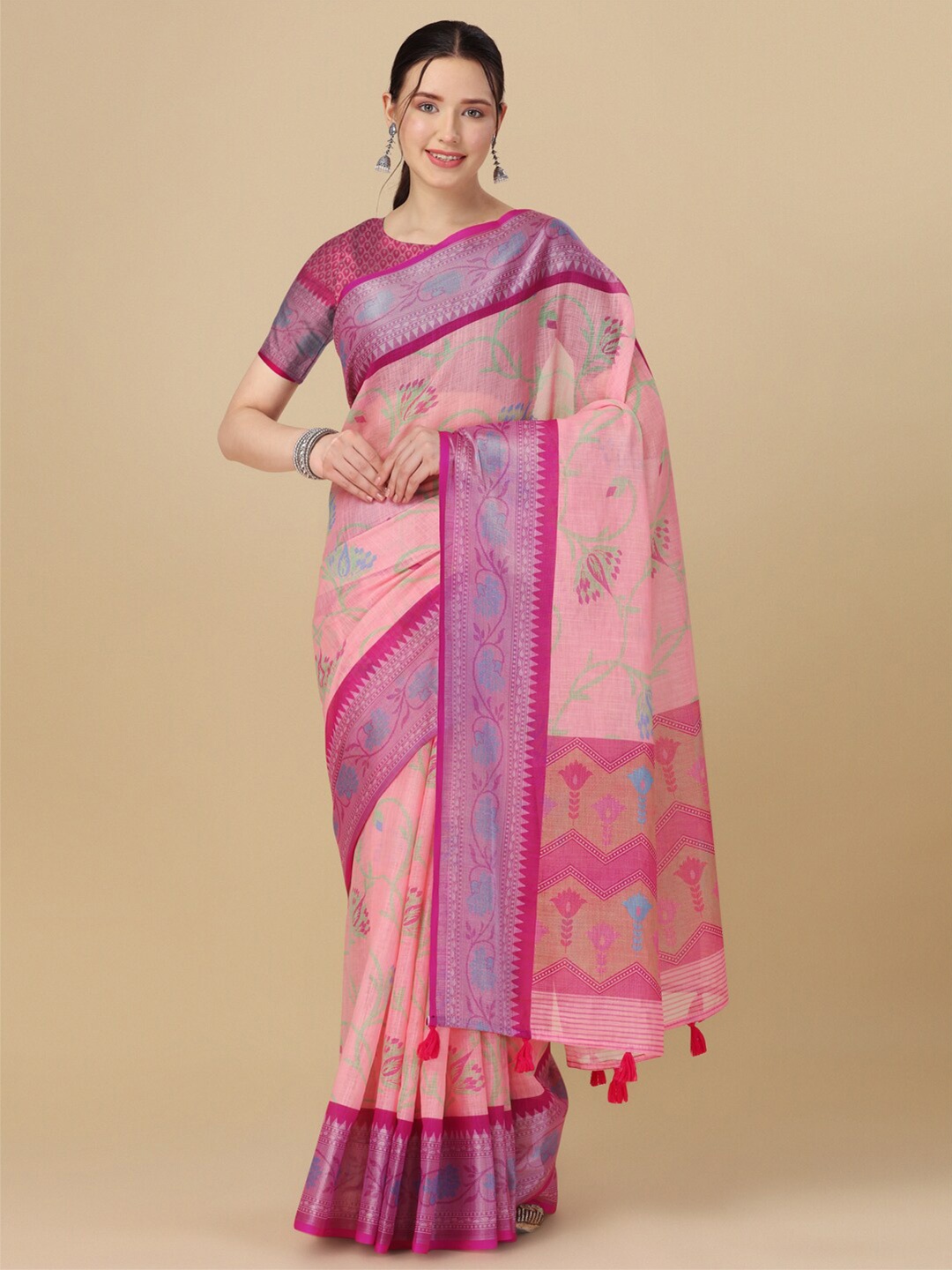 

elora Floral Printed Zari Pure Linen Saree, Pink