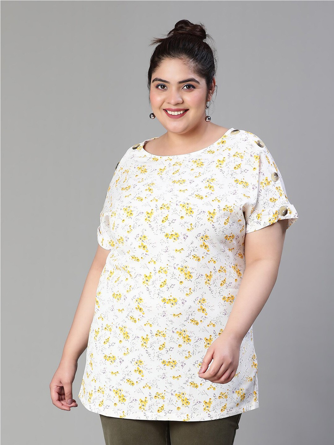 

Oxolloxo Plus Size Floral Printed Button Detail Tunic, White