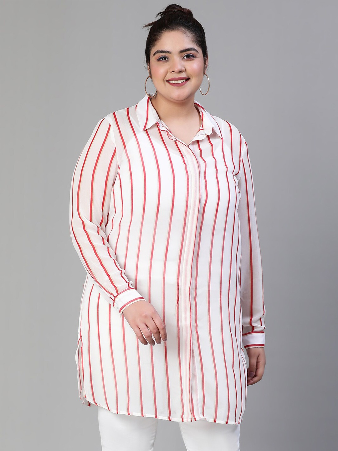 

Oxolloxo Plus Size Striped Shirt Collar Chiffon Tunic, White