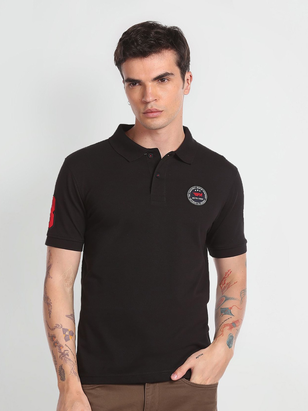 Flying Machine Polo Collar Short Sleeves T-shirt, Black