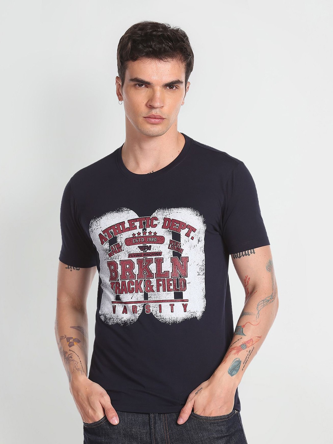 Flying Machine Typography Printed Round Neck T-shirt, Blue