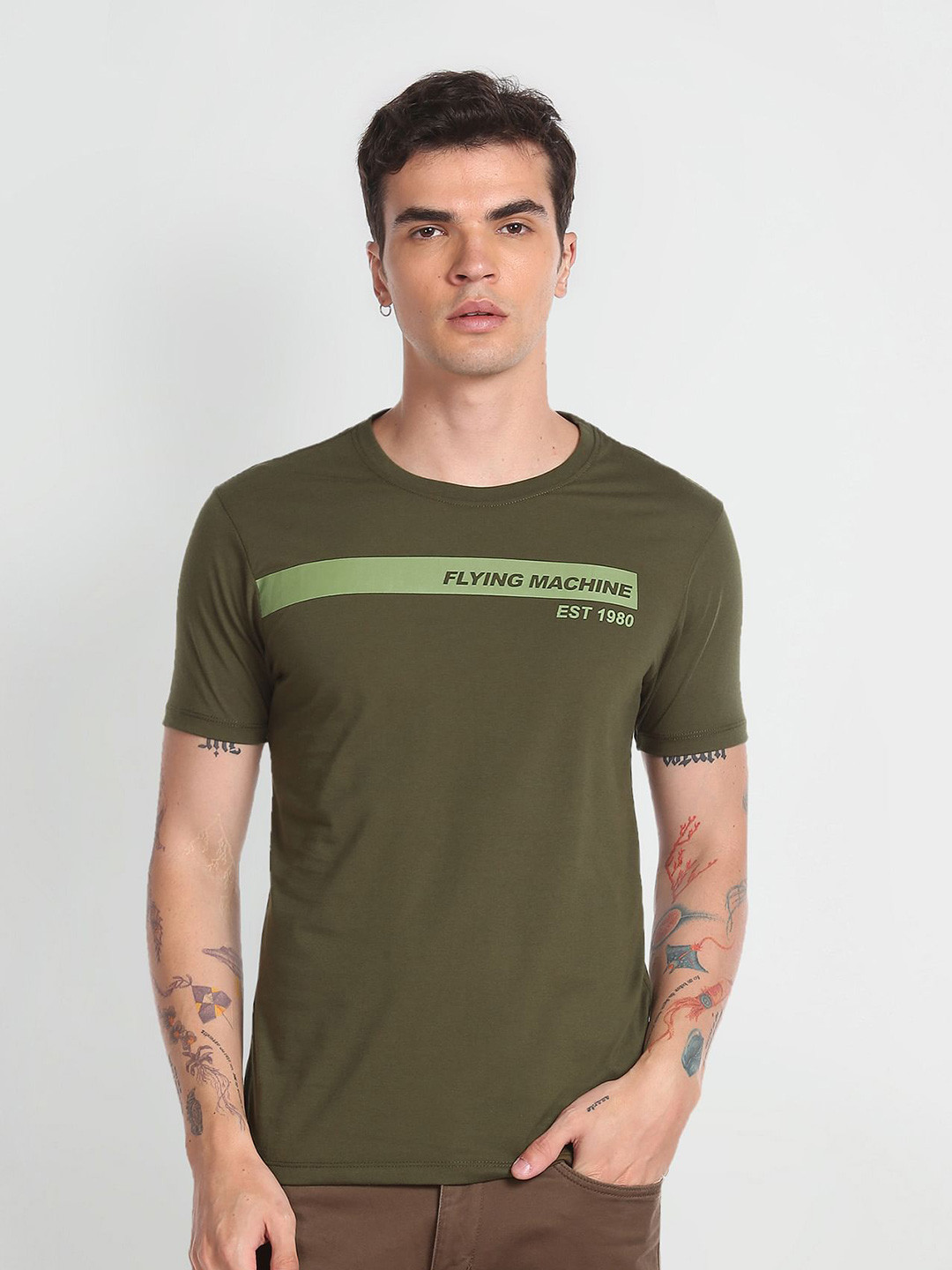 

Flying Machine Round Neck Short Sleeves T-shirt, Green