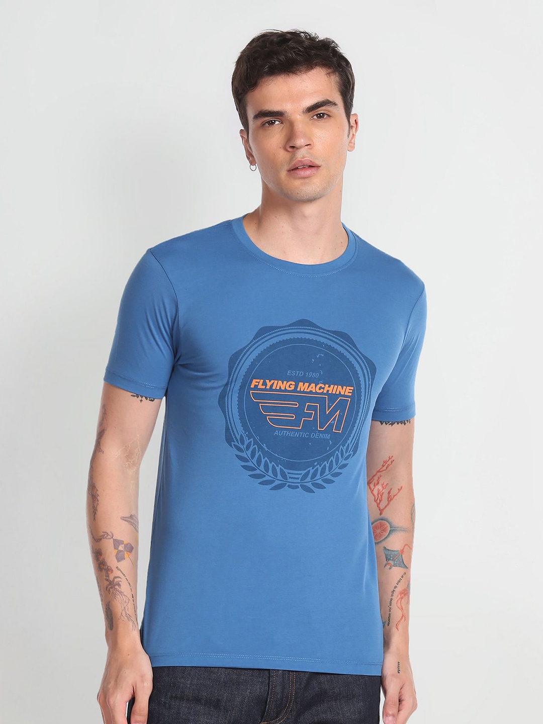

Flying Machine Typography Printed Round Neck T-shirt, Blue