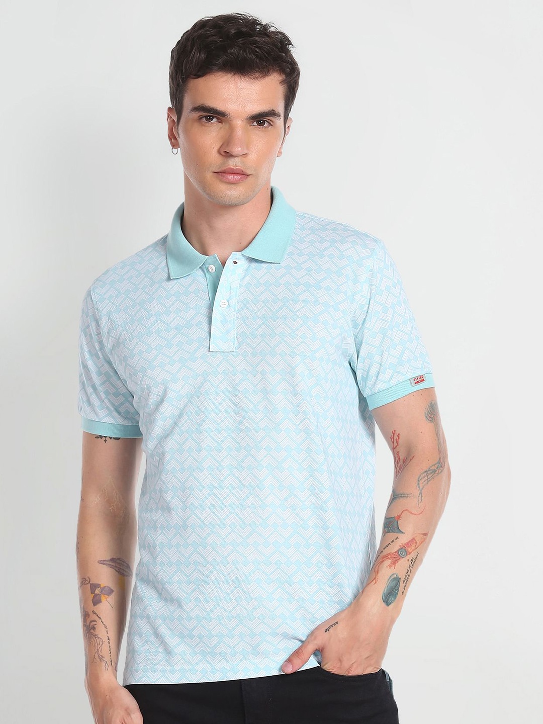 

Flying Machine Geometric Printed Polo Collar Short Sleeves T-shirt, Blue