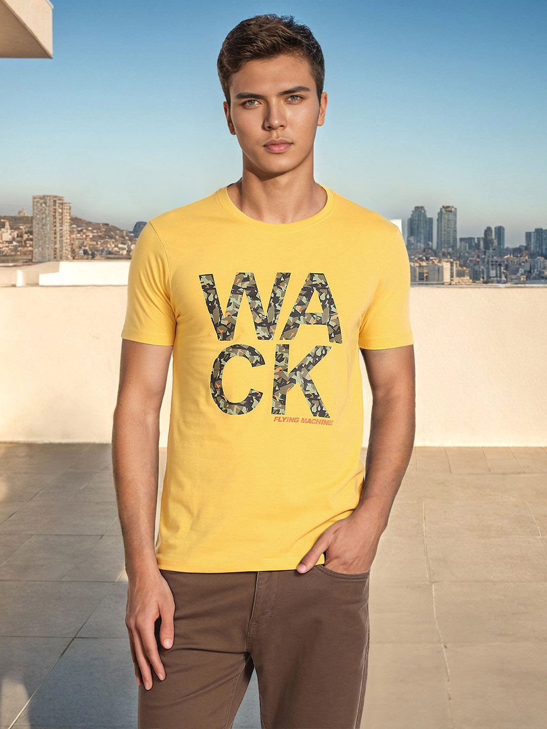 Flying Machine Men Yellow Typography Printed Pockets T-shirt