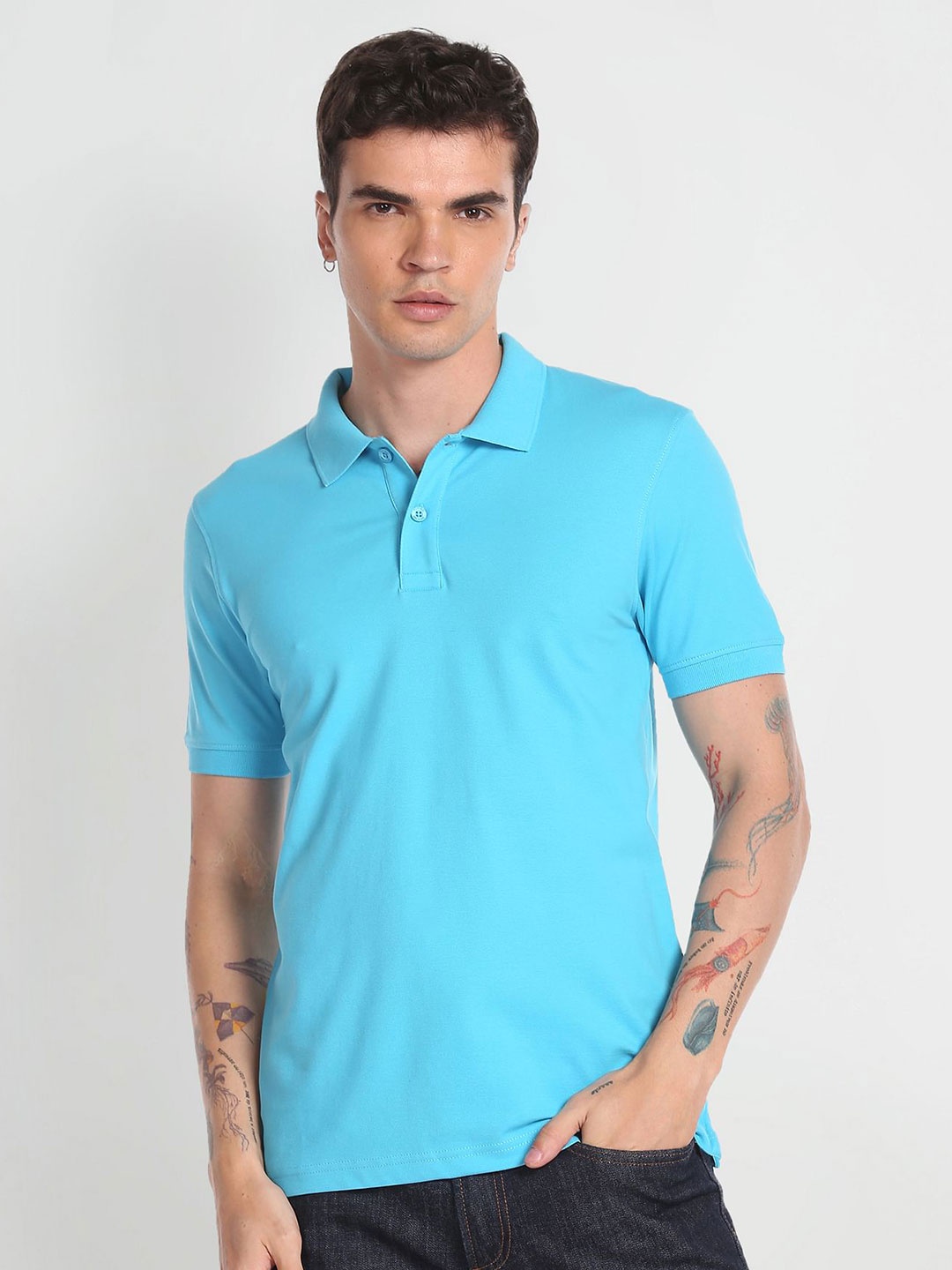 

Flying Machine Polo Collar Cotton T-shirt, Blue