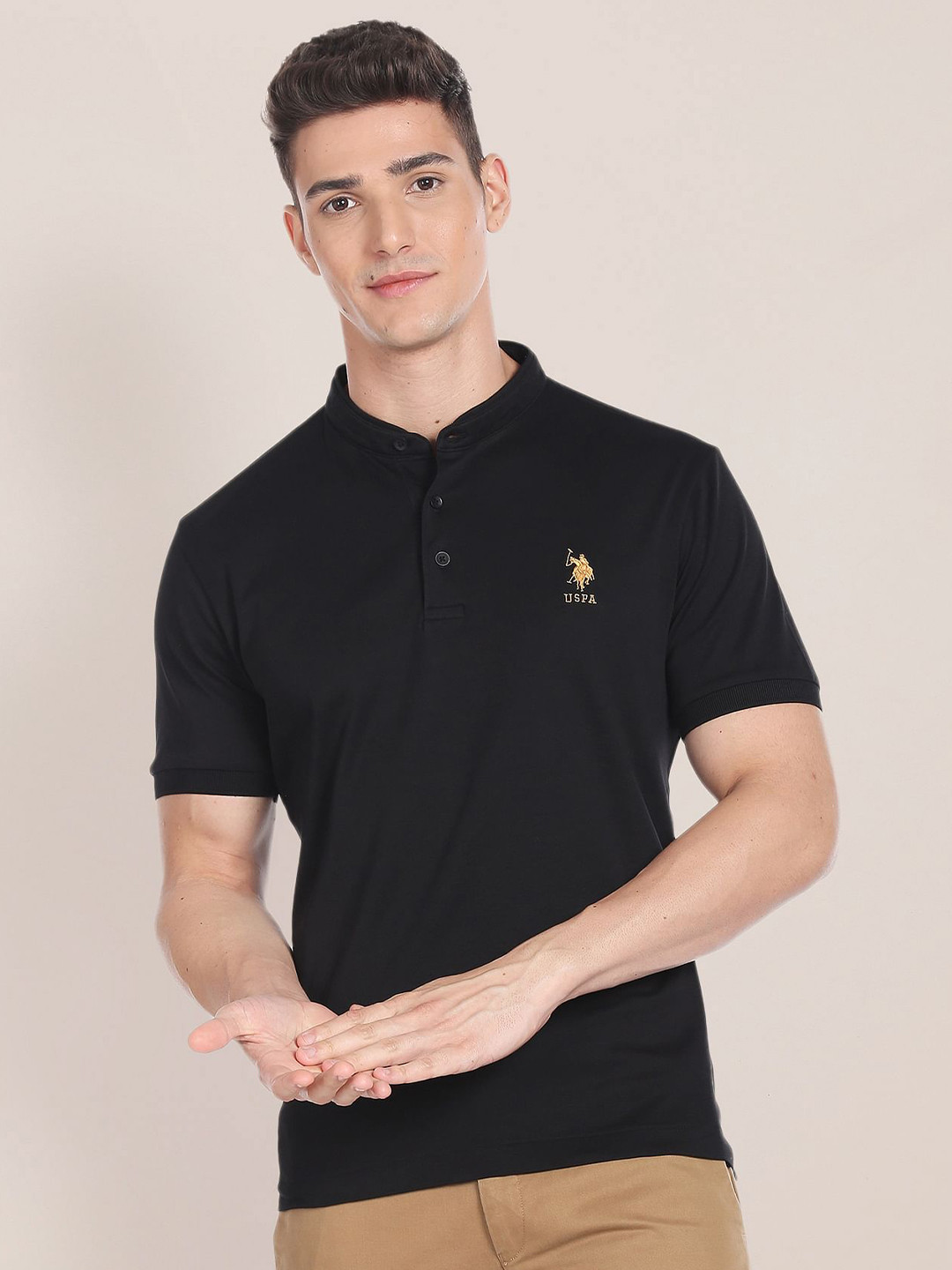 

U.S. Polo Assn. Mandarin Collar Pure Cotton T-shirt, Black