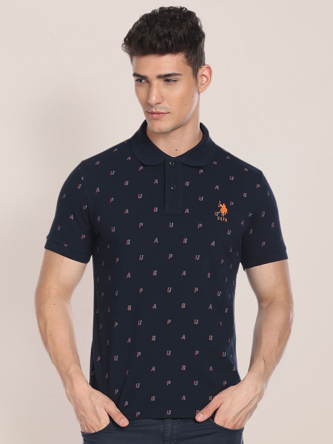 

U.S. Polo Assn. Typography Printed Polo Collar Pure Cotton Slim Fit T-shirt, Navy blue