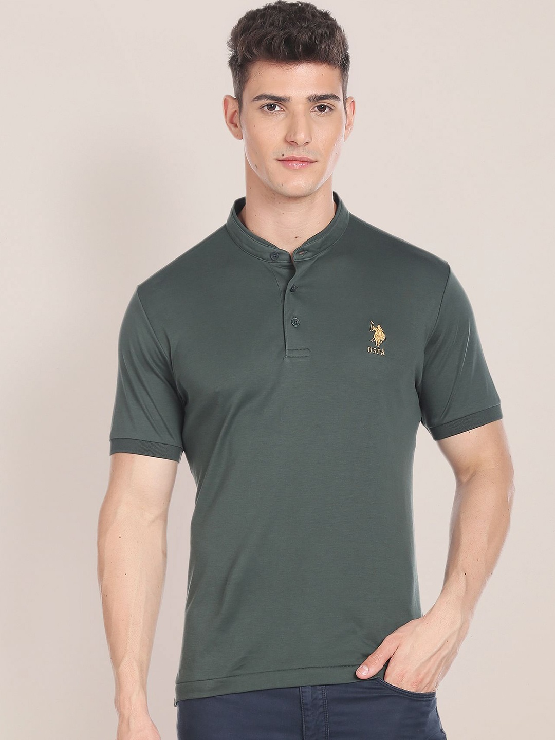 

U.S. Polo Assn. Mandarin Collar Pure Cotton T-shirt, Olive