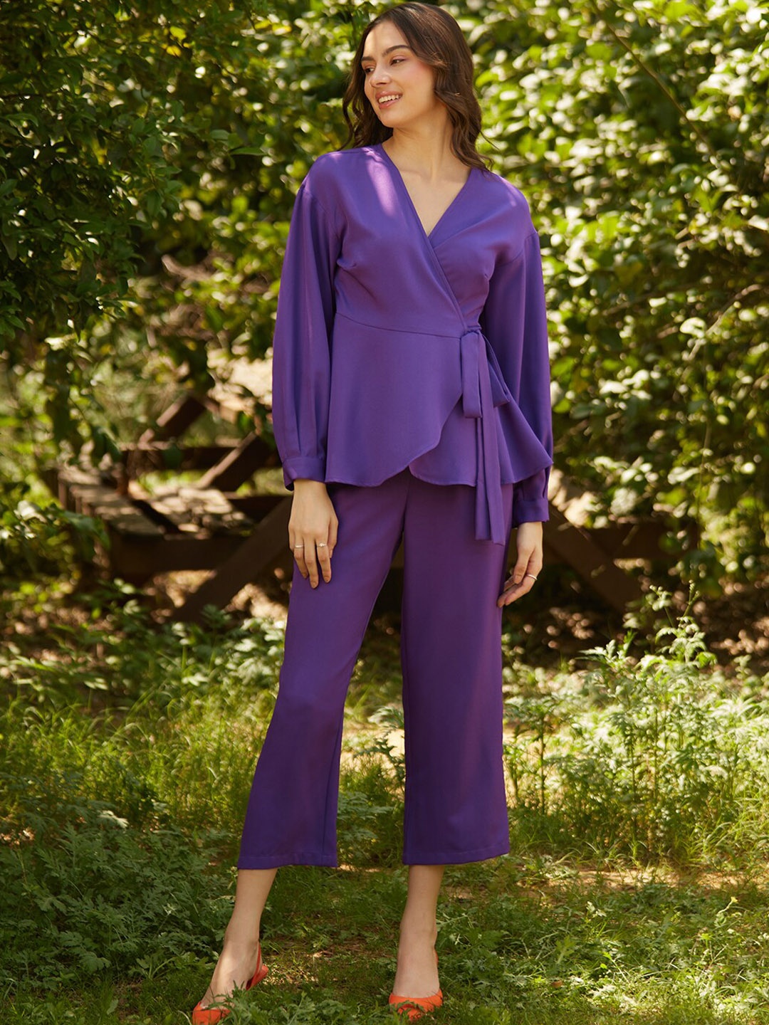 

Femella Women V-Neck Peplum Top & Trouser, Purple