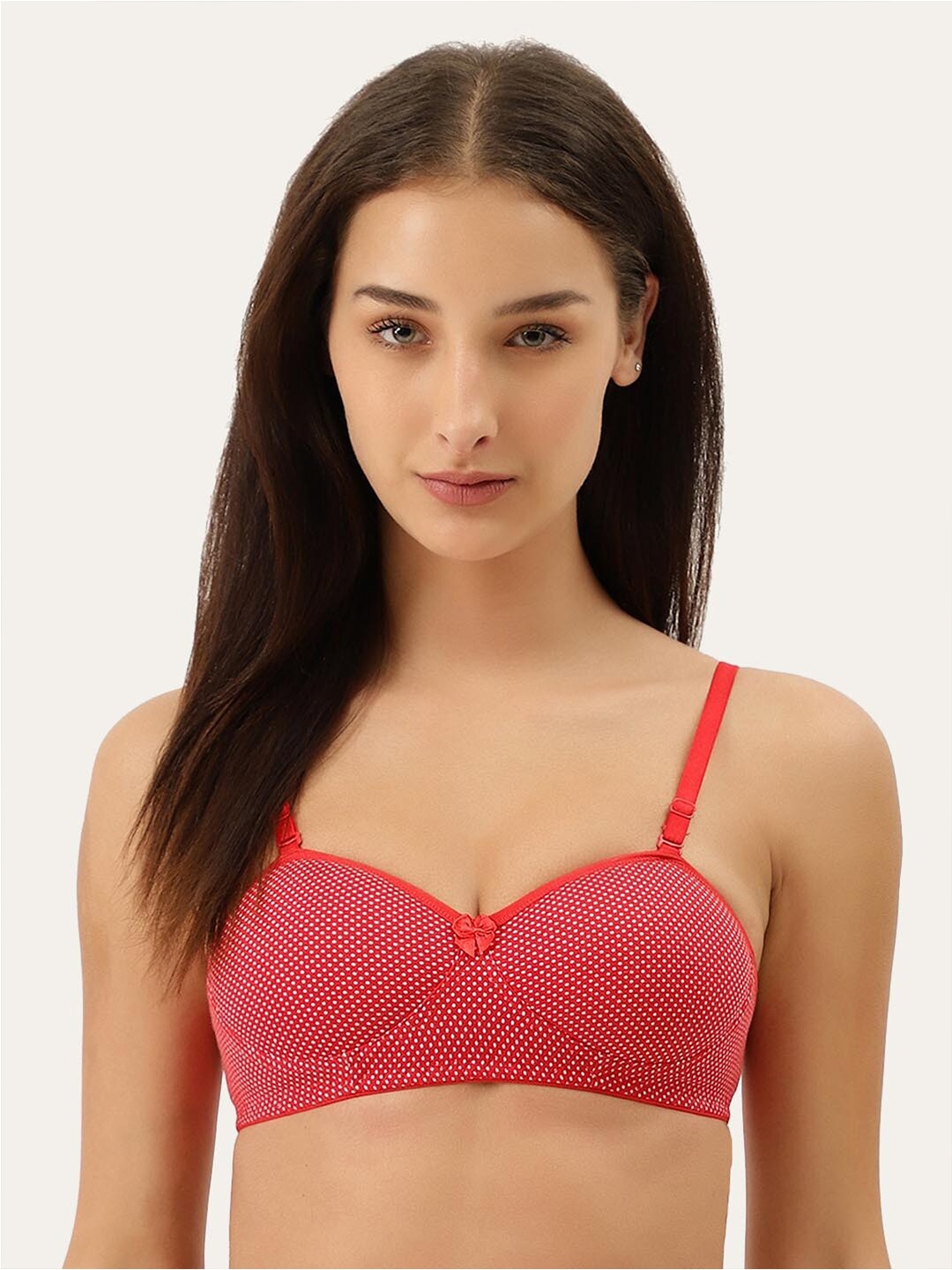 

Lady Lyka Polka Dots Printed Medium Coverage Lightly Padded Seamless Cotton T-shirt Bra, Red