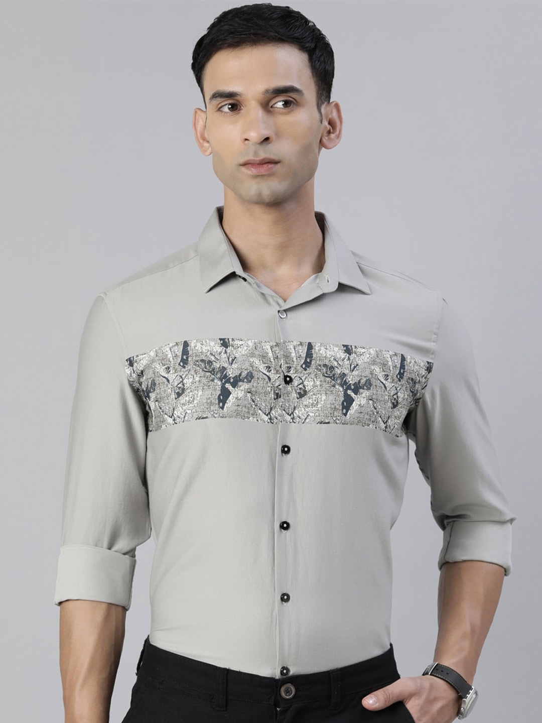 

Bushirt Abstract Printed Classic Pure Cotton Shirt, Grey
