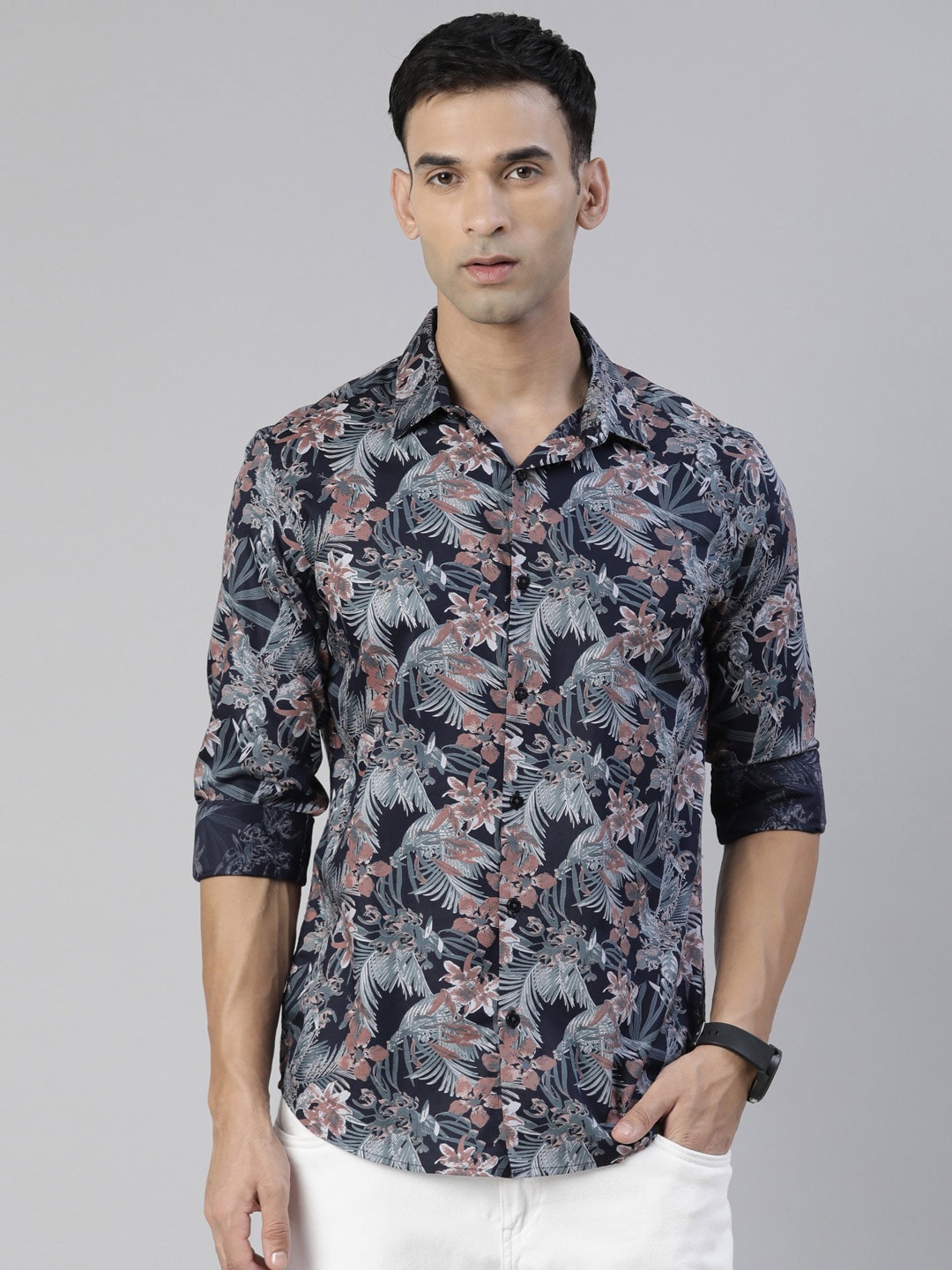 

Bushirt Floral Printed Classic Pure Cotton Shirt, Navy blue