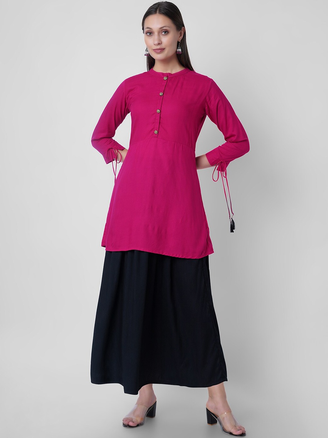 

VASANT APPAREL Mandarin Collar A-Line Kurti with Skirt, Pink