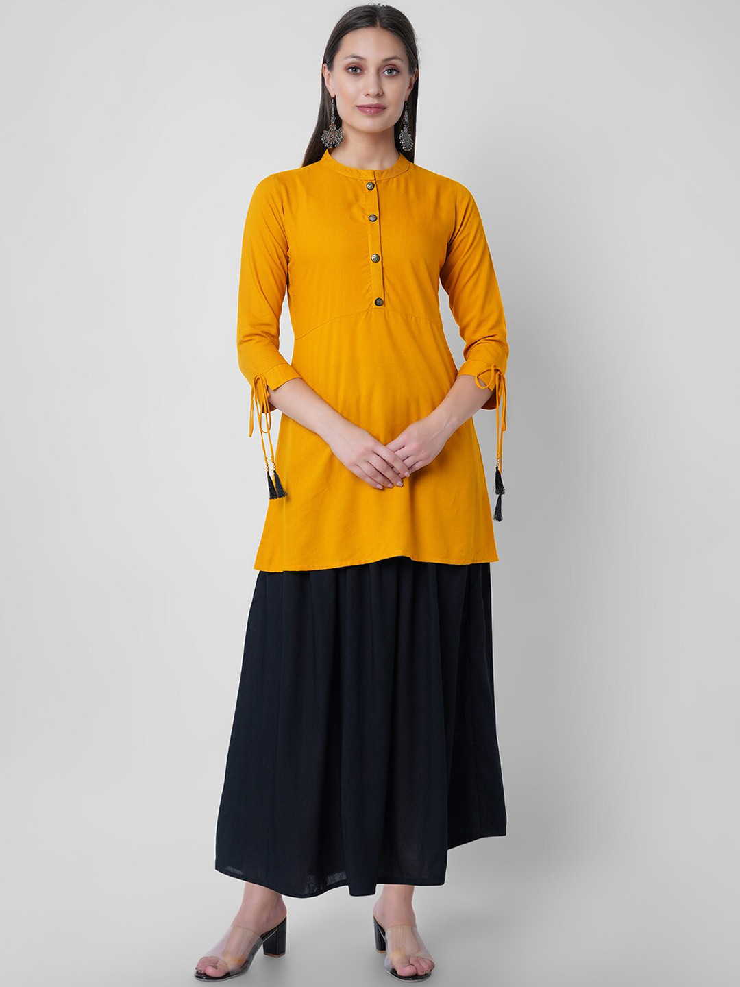 

VASANT APPAREL Mandarin Collar A-Line Kurti with Skirt, Mustard