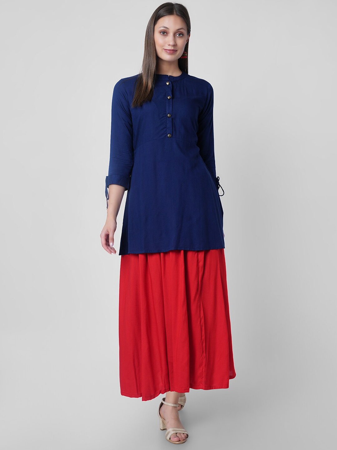 

VASANT APPAREL Mandarin Collar A-Line Kurti with Skirt, Navy blue