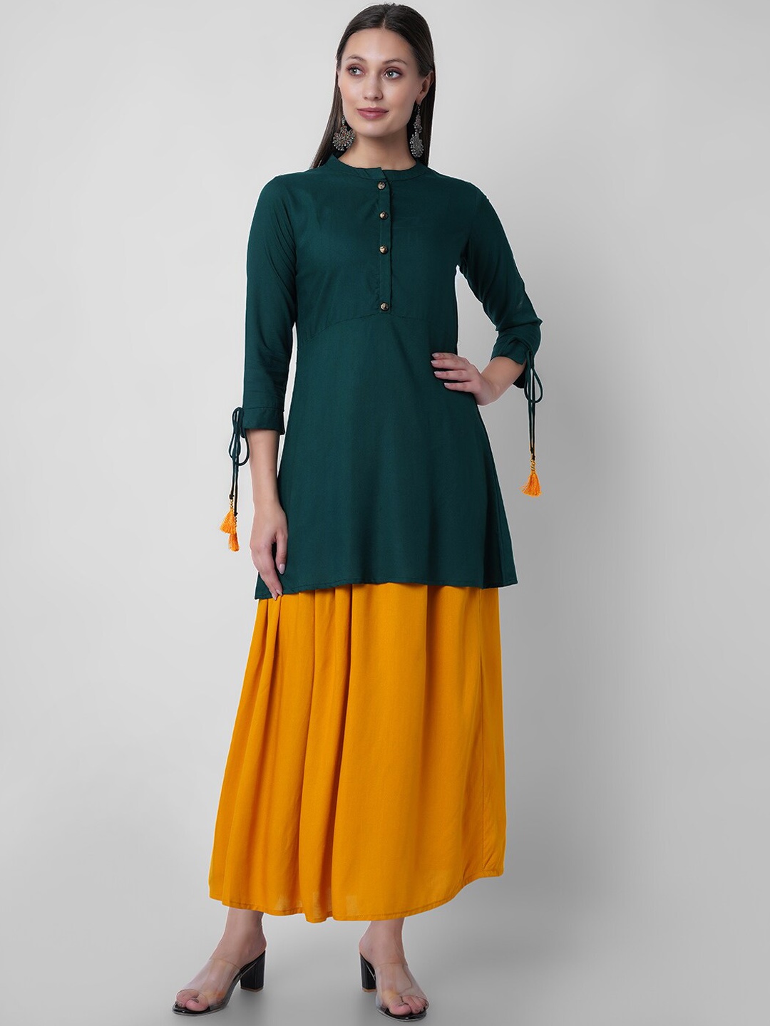 

VASANT APPAREL Mandarin Collar A-Line Kurti with Skirt, Green