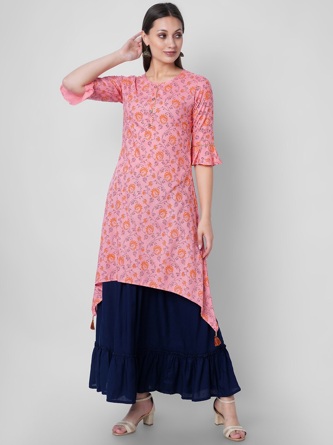 

VASANT APPAREL Floral Printed Bell Sleeves Asymmetric Kurta with Skirt, Pink
