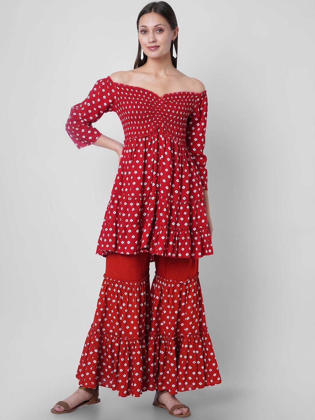 

VASANT APPAREL Bandhani Printed Smocked Kurti with Sharara, Red