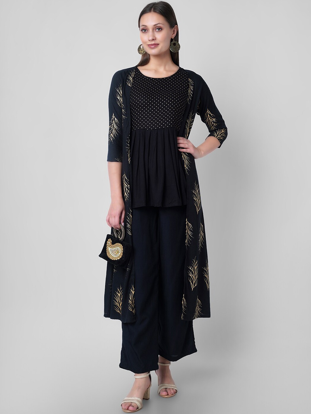 

VASANT APPAREL Printed Anarkali Kurti with Palazzos & Jacket, Black