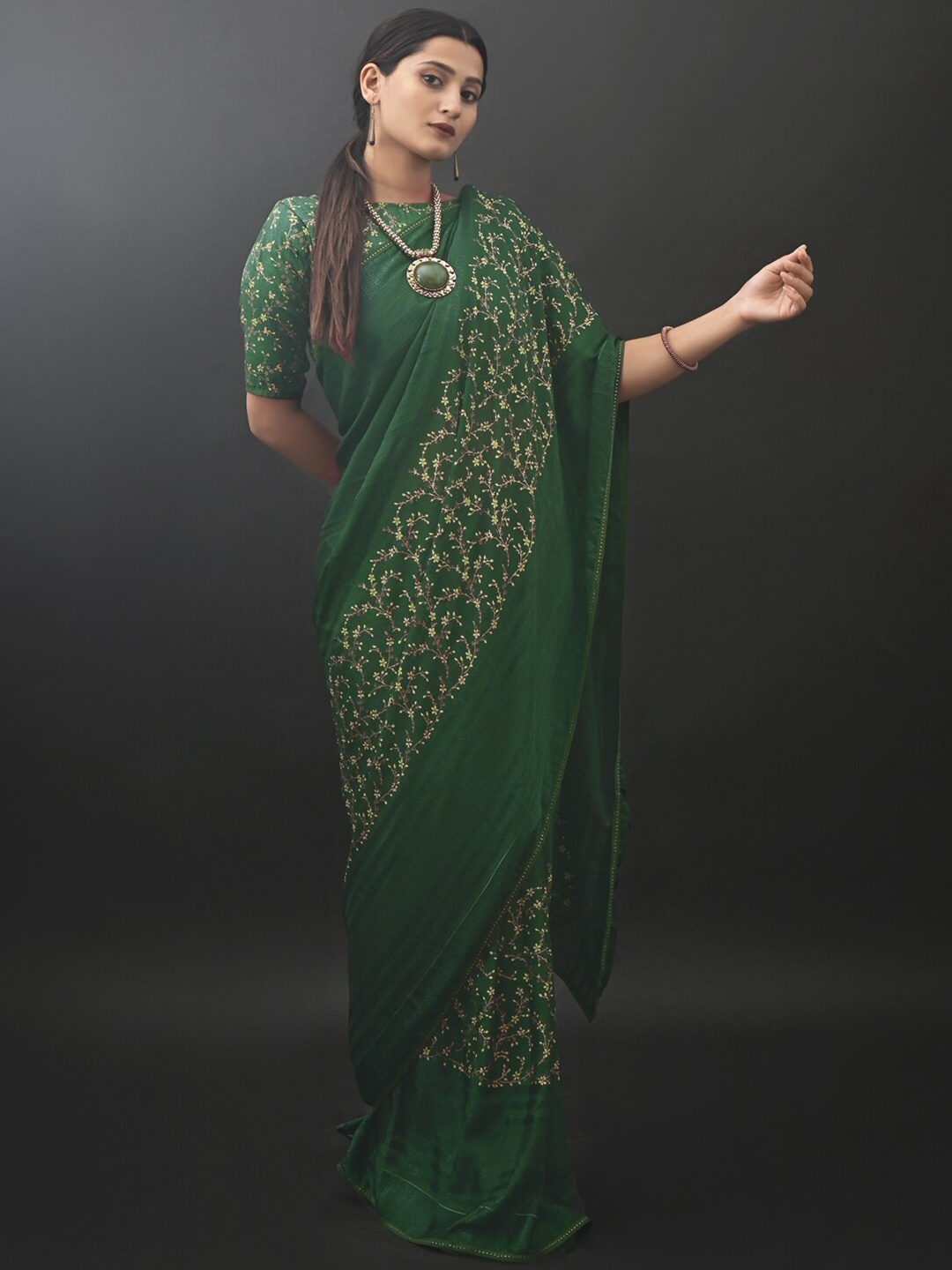 

Satrani Green & Yellow Floral Printed Pure Chiffon Saree